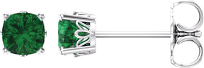 14K Gold Lab-Grown Emerald Cushion 4-Prong Scroll Setting Stud Earrings - White Gold