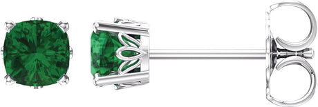 14K Gold Lab-Grown Emerald Cushion 4-Prong Scroll Setting Stud Earrings - White Gold