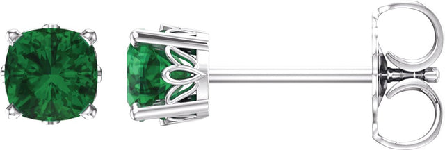 14K Gold Lab-Grown Emerald Cushion 4-Prong Scroll Setting Stud Earrings - White Gold