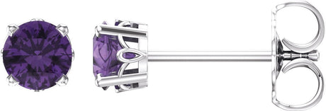 14K Gold Natural Amethyst Round 4-Prong Scroll Setting Stud Earrings - White Gold