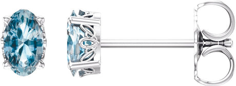 14K Gold Natural Sky Blue Topaz Oval 4-Prong Scroll Setting Stud Earrings - White Gold