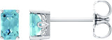 14K Gold Natural Aquamarine Emerald 4-Prong Scroll Setting Stud Earrings - White Gold
