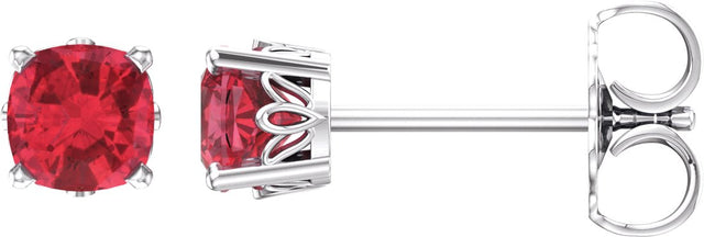 14K Gold Lab-Grown Ruby Cushion 4-Prong Scroll Setting Stud Earrings - White Gold