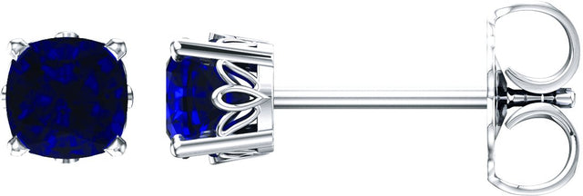 14K Gold Lab-Grown Blue Sapphire Cushion 4-Prong Scroll Setting Stud Earrings - White Gold