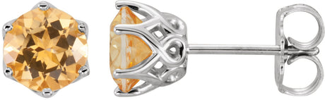 14K Gold Natural Citrine Round 6-Prong Crown Stud Earrings - White Gold