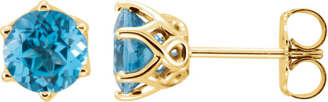 14K Gold Natural Swiss Blue Topaz Round 6-Prong Crown Stud Earrings - Yellow Gold