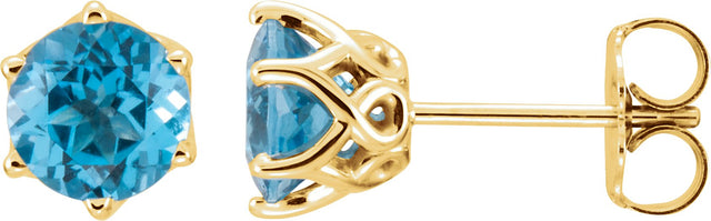 14K Gold Natural Swiss Blue Topaz Round 6-Prong Crown Stud Earrings - Yellow Gold
