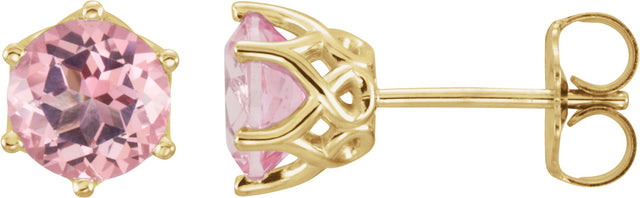 14K Gold Natural Pink Morganite Round 6-Prong Crown Stud Earrings - Yellow Gold