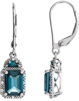 14K Gold Emerald Natural London Blue Topaz & Natural Diamond Accented Earrings – 8x6mm