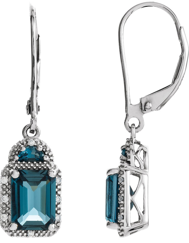 14K Gold Emerald Natural London Blue Topaz & Natural Diamond Accented Earrings – 8x6mm