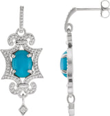 14K Gold Oval Natural Turquoise & Natural Diamond Granulated Earrings - White Gold