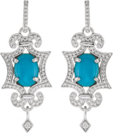 14K Gold Oval Natural Turquoise & Natural Diamond Granulated Earrings - White Gold - view 2