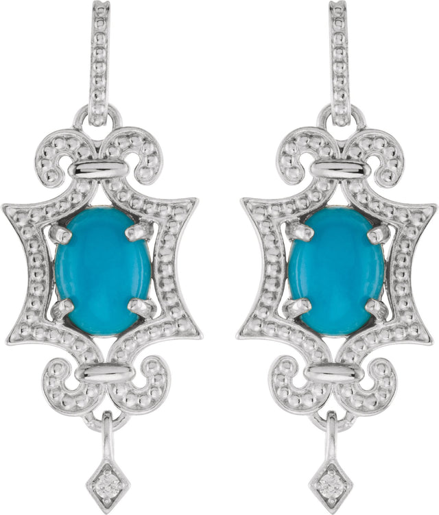 14K Gold Oval Natural Turquoise & Natural Diamond Granulated Earrings - White Gold - view 2