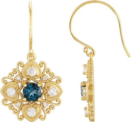14K Gold Round Natural London Blue Topaz & Natural Diamond Vintage-Inspired Filigree Earrings II - Yellow Gold
