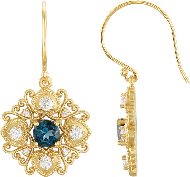 14K Gold Round Natural London Blue Topaz & Natural Diamond Vintage-Inspired Filigree Earrings II - Yellow Gold