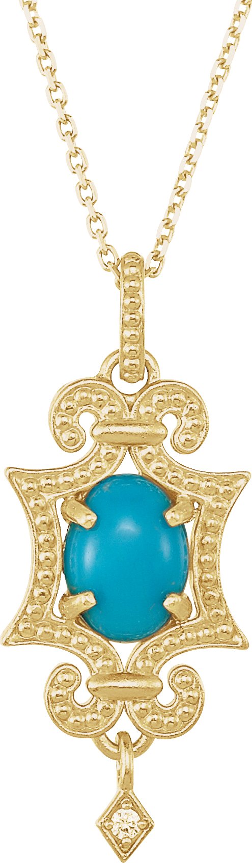 14K Gold Oval Natural Turquoise & Natural Diamond Granulated Necklace or Pendant - Yellow Gold