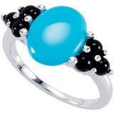 14K Gold Oval Natural Turquoise & Natural Black Onyx Accented Cabochon Ring