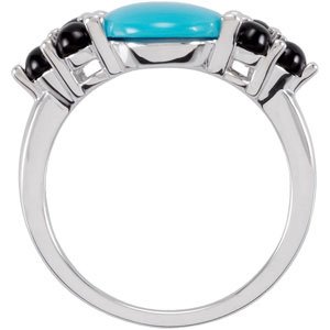 14K Gold Oval Natural Turquoise & Natural Black Onyx Accented Cabochon Ring - view 2