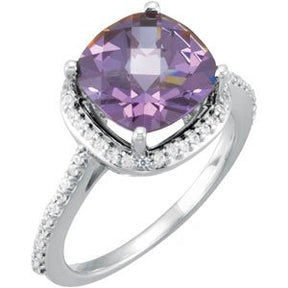 14K Gold Cushion Natural Amethyst & Natural Diamond Halo-Style Ring