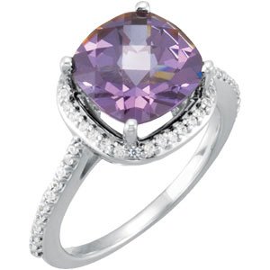 14K Gold Cushion Natural Amethyst & Natural Diamond Halo-Style Ring