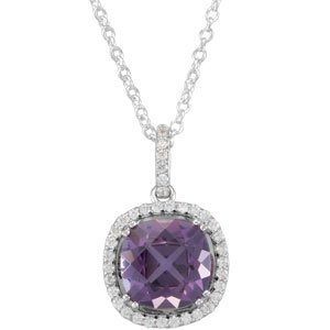 14K Gold Cushion Natural Amethyst & Natural Diamond Halo-Style Necklace or Pendant