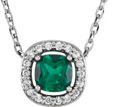 14K Gold Cushion Lab-Grown Emerald & Natural Diamond Halo-Style Necklace or Pendant – 0.05 CTW - White Gold