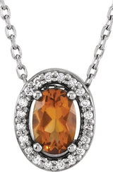 14K Gold Oval Natural Citrine & Natural Diamond Halo-Style Necklace or Slide Pendant - White Gold