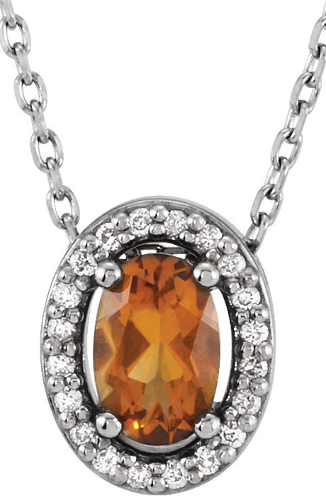 14K Gold Oval Natural Citrine & Natural Diamond Halo-Style Necklace or Slide Pendant - White Gold