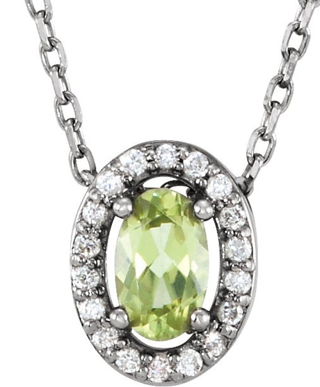 14K Gold Oval Natural Peridot & Natural Diamond Halo-Style Necklace or Slide Pendant – 0.05 CTW - White Gold