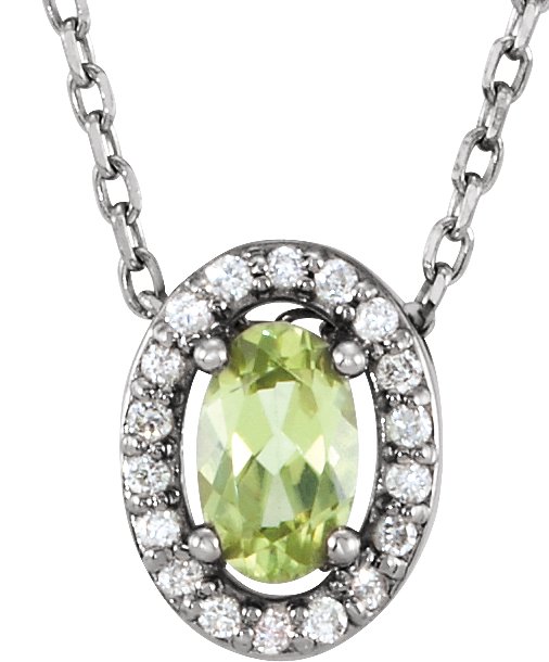 14K Gold Oval Natural Peridot & Natural Diamond Halo-Style Necklace or Slide Pendant – 0.05 CTW - White Gold