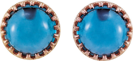 14K Gold Natural London Blue Topaz Round Cabochon Crown Earrings - view 2