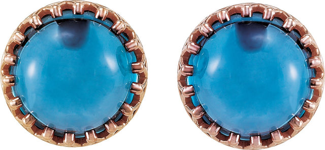 14K Gold Natural London Blue Topaz Round Cabochon Crown Earrings - view 2