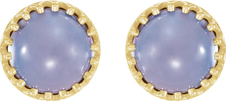 14K Gold Natural Blue Chalcedony Round Cabochon Crown Earrings - view 2