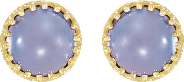 14K Gold Natural Blue Chalcedony Round Cabochon Crown Earrings - view 2
