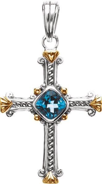14K Gold Round Natural Swiss Blue Topaz Cross Pendant