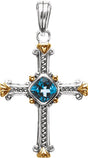 14K Gold Round Natural Swiss Blue Topaz Cross Pendant