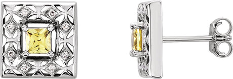 14K Gold Natural Yellow Sapphire & Natural Diamond Square 4-Prong Accented Earrings