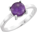 14K Gold Round Natural Amethyst Cabochon Solitaire Ring - White Gold