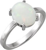 14K Gold Oval Natural White Opal Cabochon Solitaire Ring - White Gold