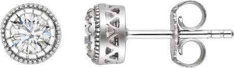 14K Gold Round Natural White Sapphire Milgrain Bezel-Set Birthstone Stud Earrings - White Gold