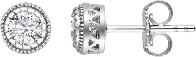 14K Gold Round Natural White Sapphire Milgrain Bezel-Set Birthstone Stud Earrings - White Gold