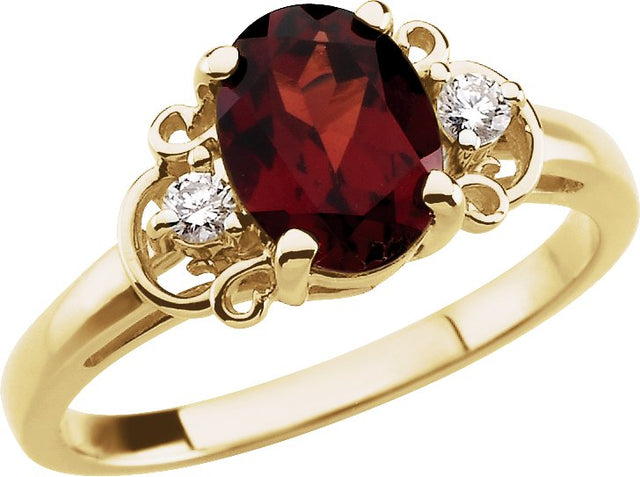 14K Gold Oval Natural Mozambique Garnet & Natural Diamond Accented Ring
