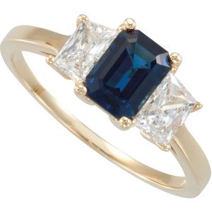 14K Gold Emerald Natural Blue Sapphire & Natural Diamond Three-Stone Ring – 7x5mm