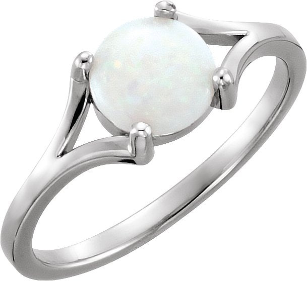 14K Gold Round Natural White Opal Cabochon Ring - White Gold