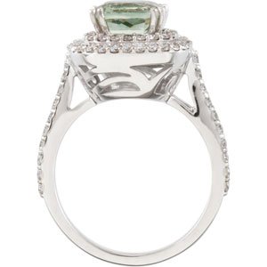 14K Gold Cushion Natural Green Quartz & Natural Diamond Double Halo-Style Ring - view 2