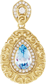 14K Gold Pear Natural Swiss Blue Topaz Vintage-Inspired Halo-Style Pendant