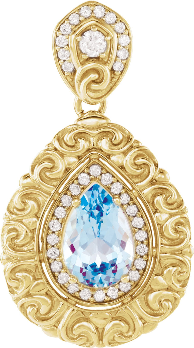 14K Gold Pear Natural Swiss Blue Topaz Vintage-Inspired Halo-Style Pendant