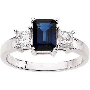 14K Gold Emerald Natural Blue Sapphire & Natural Diamond Three-Stone Ring - view 3