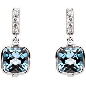 14K Gold Cushion Natural Swiss Blue Topaz & Natural Diamond Accented Earrings - view 2