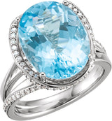 14K Gold Oval Natural Swiss Blue Topaz & Natural Diamond Accented Ring – 16x12mm - White Gold